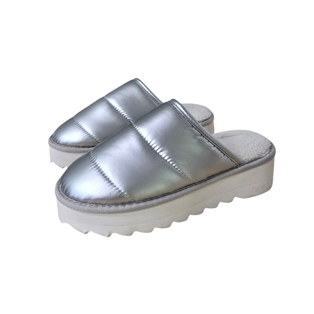 Maeve Anthropologie Metallic Silver Puffer Platform Slipper Faux Fur Lined Small